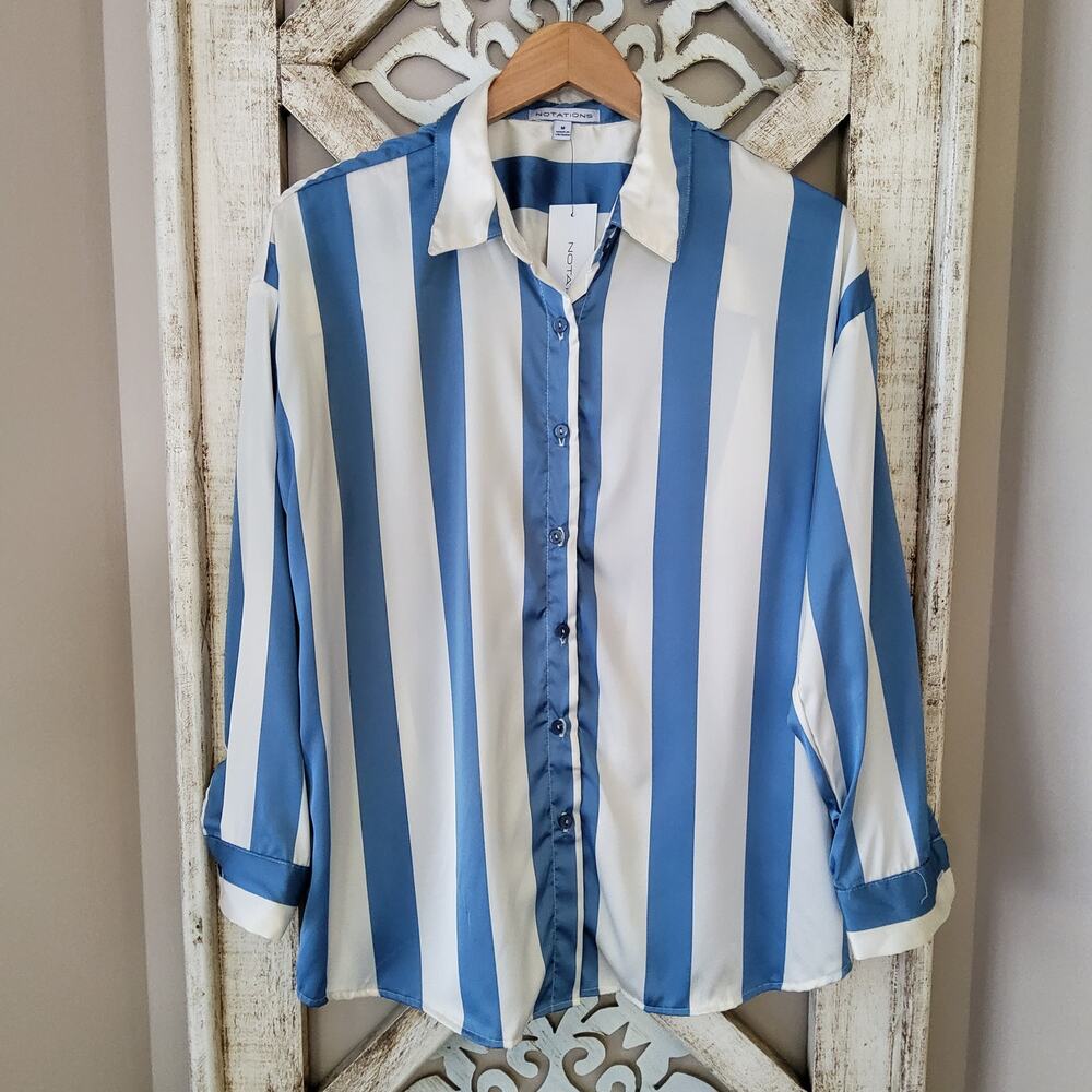 Notations Long Sleeve Collar Button Down Shirt Blouse Blue & Cream Stripe XL 3X